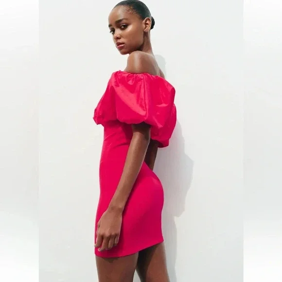ZARA RASPBERRY OFF SHOULDER PINK MINI DRESS - Picture 5 of 10